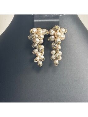 Vintage Miriam Haskell Faux Pearl Cluster Dangle Earrings